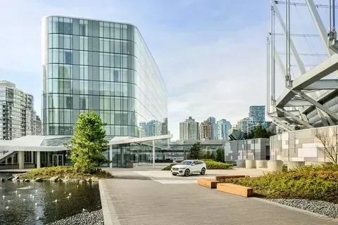 Urban hospitality façade at dusk